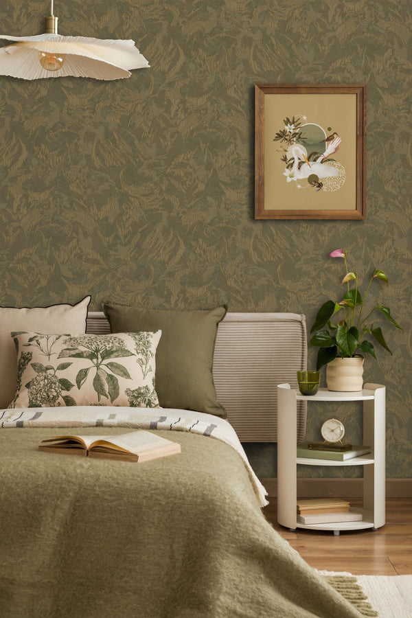 Green-Gold Muse Venetian Plaster Wallpaper, Natural Wallpaper, Modern & Minimalist Wall Covering, Modern Look Neutral Colors Glittering Wallcovering