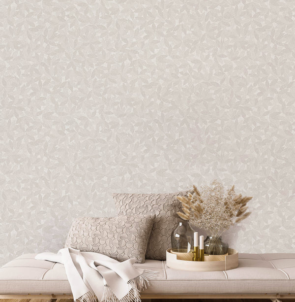 Light Gray Leaf Pattern Wallpaper, Natural Wallpaper, Modern & Minimalist Wall Covering, Modern Look Neutral Colors Glittering Wallcovering