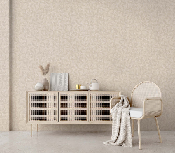 Gray Leaf Pattern Wallpaper, Natural Wallpaper, Modern & Minimalist Wall Covering, Modern Look Neutral Colors Glittering Wallcovering
