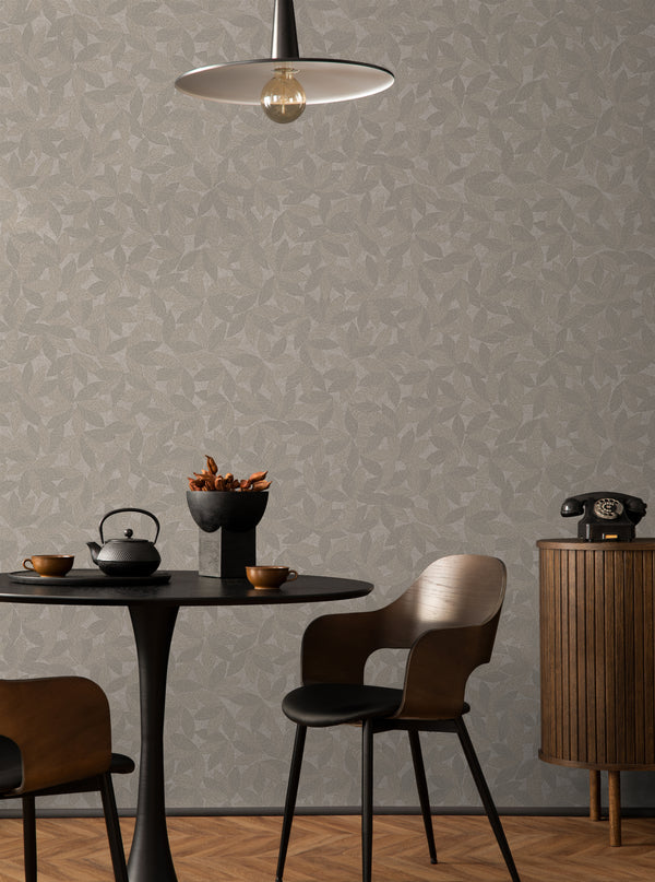Greige Leaf Pattern Wallpaper, Natural Wallpaper, Modern & Minimalist Wall Covering, Modern Look Neutral Colors Glittering Wallcovering