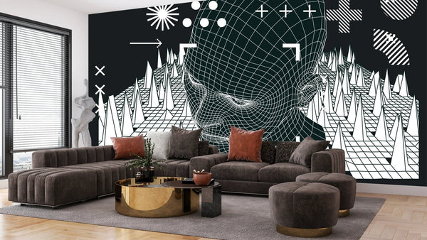 3D Human Head Wallpaper, Retro Futuristic Mural, Oversized Custom Size Wall Art, Non - Woven, Non - Adhesive, Modern Wall Paper, Removable - Adawall Wallpaper - Registered Trade Accounts Only, Wallpaper Wholesale Account - W77639 - Adawall Wholesale - Wallpaper Wholesaler