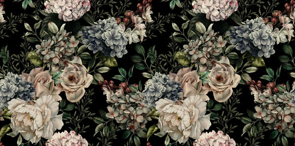 Floral Wallpaper, Dark Background Mural, Oversized Custom Size Wall Art, Non-Woven, Non-Adhesive, Modern Wall Paper, Removable