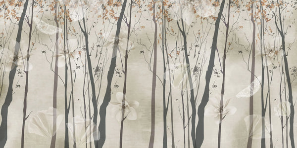 Brown Floral Wallpaper, Trees Mural, Oversized Custom Size Wall Art, Non-Woven, Non-Adhesive, Modern Wall Paper, Removable