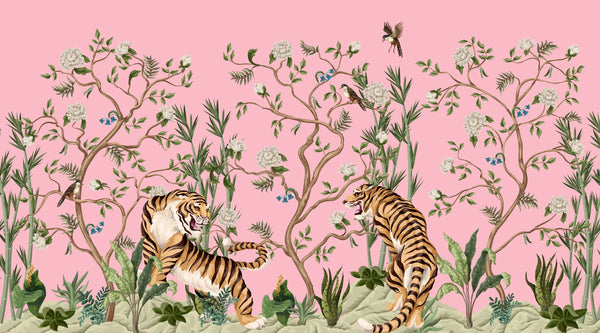 Tigers and Trees Wallpaper, Pink Background Mural, Oversized Custom Size Wall Art, Non-Woven, Non-Adhesive, Modern Wall Paper, Removable