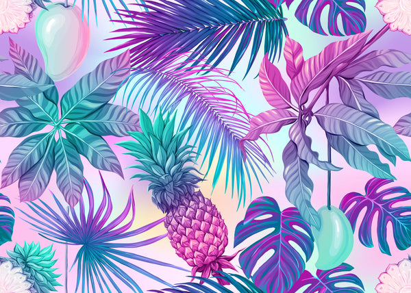 Pink and Blue Tropical Plants Wallpaper, Seamless Pattern Mural, Oversized Custom Size Wall Art, Non-Woven, Non-Adhesive, Modern Wall Paper, Removable