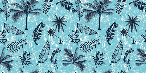 Tropical Plants, Blue Background Wallpaper, Seamless Pattern Mural, Oversized Custom Size Wall Art, Non-Woven, Non-Adhesive, Modern Wall Paper, Removable