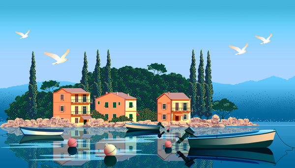 Mediterranean Landscape Wallpaper, Boats, Sea Mural, Oversized Custom Size Wall Art, Non-Woven, Non-Adhesive, Modern Wall Paper, Removable