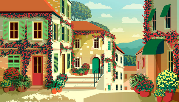 Village Square Wallpaper, Traditional Houses Mural, Oversized Custom Size Wall Art, Non-Woven, Non-Adhesive, Modern Wall Paper, Removable