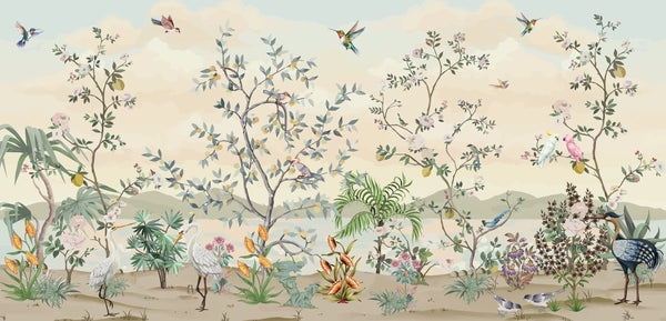 Blossom Chinoiserie Wallpaper, Birds Mural, Oversized Custom Size Wall Art, Non-Woven, Non-Adhesive, Modern Wall Paper, Removable