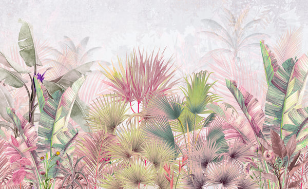 Tropical Forest, Pastel Colors Wallpaper, Leaves and Trees Mural, Oversized Custom Size Wall Art, Non-Woven, Non-Adhesive, Modern Wall Paper, Removable
