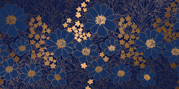 Blue and Gold Floral Wallpaper, Seamless Pattern Mural, Oversized Custom Size Wall Art, Non-Woven, Non-Adhesive, Modern Wall Paper, Removable