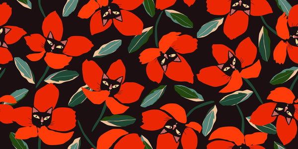 Red Floral, Kittens Wallpaper, Seamless Pattern Mural, Oversized Custom Size Wall Art, Non-Woven, Non-Adhesive, Modern Wall Paper, Removable