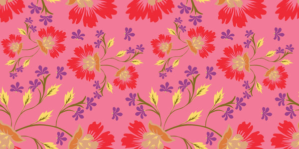Colorful Floral, Pink Background Wallpaper, Seamless Pattern Mural, Oversized Custom Size Wall Art, Non-Woven, Non-Adhesive, Modern Wall Paper, Removable