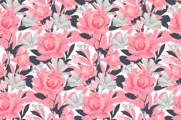 Pink Flowers Wallpaper, Seamless Pattern Mural, Oversized Custom Size Wall Art, Non-Woven, Non-Adhesive, Modern Wall Paper, Removable