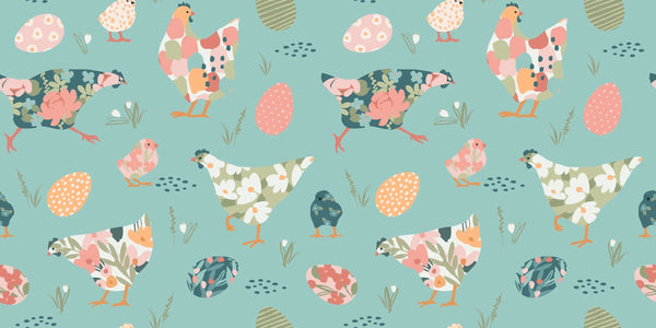 Chickens with Abstract Flowers Wallpaper, Seamless Pattern Mural, Oversized Custom Size Wall Art, Non-Woven, Non-Adhesive, Modern Wall Paper, Removable