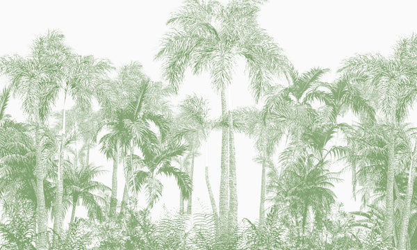 Tropical Green Trees Wallpaper, White Background Mural, Oversized Custom Size Wall Art, Non-Woven, Non-Adhesive, Modern Wall Paper, Removable
