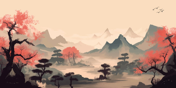 Sakura Trees Wallpaper, Traditional Ink Landscape Mural, Oversized Custom Size Wall Art, Non-Woven, Non-Adhesive, Modern Wall Paper, Removable