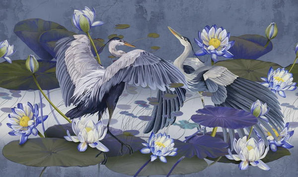 Birds Wallpaper, Lotus and Blue Background Mural, Oversized Custom Size Wall Art, Non-Woven, Non-Adhesive, Modern Wall Paper, Removable