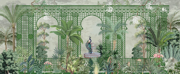 Garden and Peacock Wallpaper,Botanic and Lattice Wall Mural, Oversized Custom Size Wall Art, Non-Woven, Non-Adhesive, Modern Wall Paper, Removable