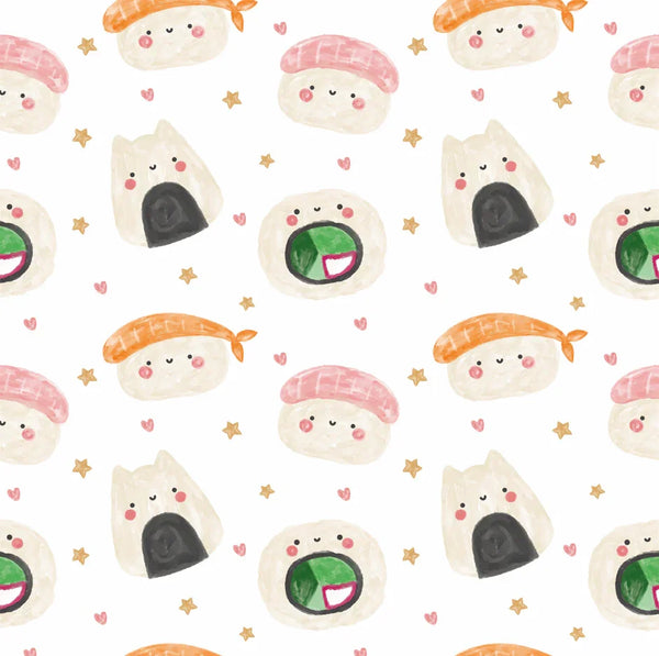 Sushi Kawaii Watercolor Food Wallpaper, Seamless Pattern Mural, Oversized Custom Size Wall Art, Non-Woven, Non-Adhesive, Modern Wall Paper, Removable