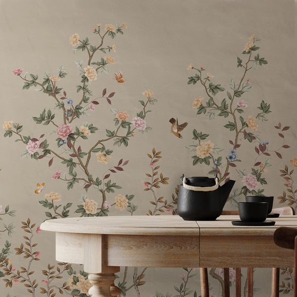 Chinoiserie Floral Blossoms Wall Mural, Green Botanical Tree Flowers Wallpaper, Custom Size Wall Covering, Non-Woven, Non-Adhesive, Removable, Washable - Walloro Luxury Embossed Textured Wallpaper