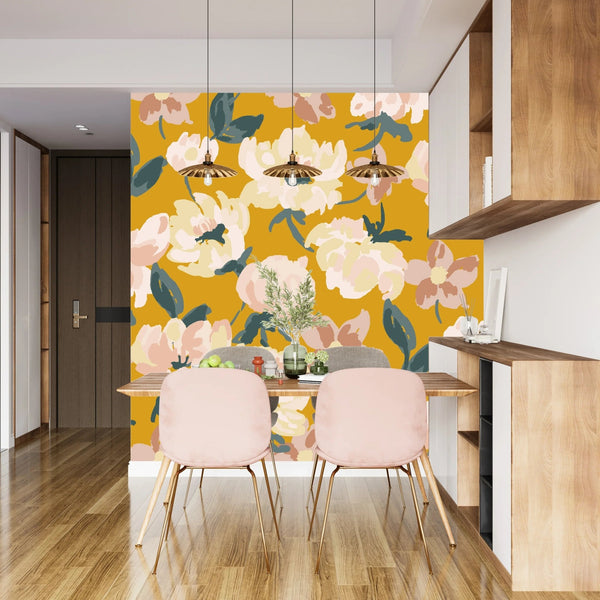 Abstract Floral, Yellow Background Wallpaper, Seamless Pattern Mural, Oversized Custom Size Wall Art, Non - Woven, Non - Adhesive, Modern Wall Paper, Removable - Adawall Wallpaper - Registered Trade Accounts Only, Wallpaper Wholesale Account - W78082 - Adawall Wholesale - Wallpaper Wholesaler
