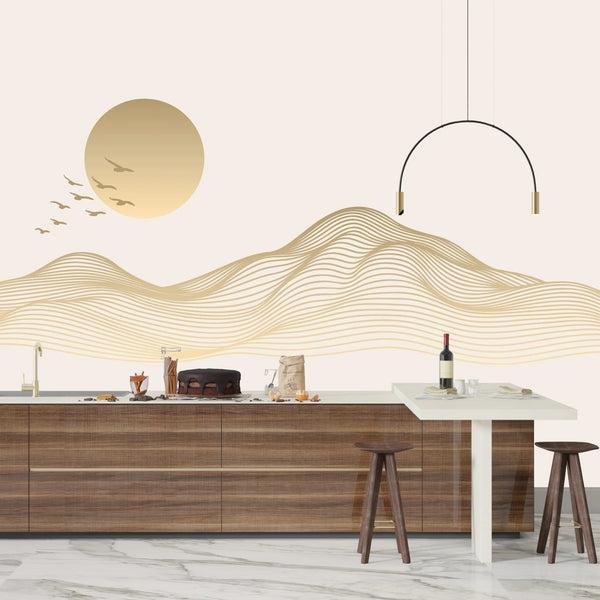 Abstract Gold Landscape Wallpaper, Mountain and Birds Mural, Oversized Custom Size Wall Art, Non - Woven, Non - Adhesive, Modern Wall Paper, Removable - Adawall Wallpaper - Registered Trade Accounts Only, Wallpaper Wholesale Account - W77908 - Adawall Wholesale - Wallpaper Wholesaler