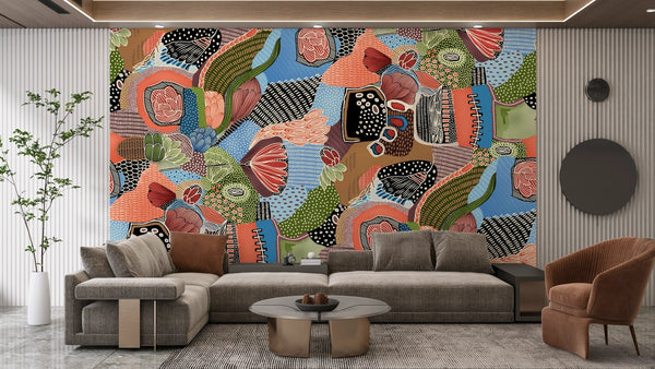 Abstract Shapes and Flowers Wallpaper, Seamless Pattern Mural, Oversized Custom Size Wall Art, Non - Woven, Non - Adhesive, Modern Wall Paper, Removable - Adawall Wallpaper - Registered Trade Accounts Only, Wallpaper Wholesale Account - W77579 - Adawall Wholesale - Wallpaper Wholesaler