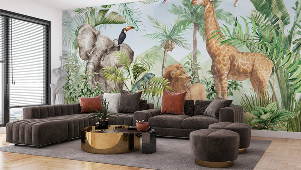 African Animals Wallpaper, Watercolor Wildlife Mural, Oversized Custom Size Wall Art, Non - Woven, Non - Adhesive, Modern Wall Paper, Removable - Adawall Wallpaper - Registered Trade Accounts Only, Wallpaper Wholesale Account - W78093 - Adawall Wholesale - Wallpaper Wholesaler