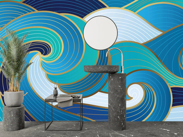 Navy Blue, Gold Abstract Wallpaper, Wavy Mural, Oversized Custom Size Wall Art, Non-Woven, Non-Adhesive, Modern Wall Paper, Removable