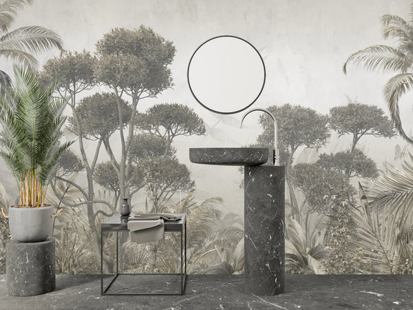 Tropical Trees Wallpaper, Foggy Forest Mural, Oversized Custom Size Wall Art, Non-Woven, Non-Adhesive, Modern Wall Paper, Removable