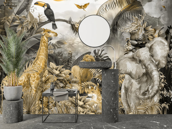 Tropical Landscape Wallpaper, Safari Animals Mural, Oversized Custom Size Wall Art, Non-Woven, Non-Adhesive, Modern Wall Paper, Removable