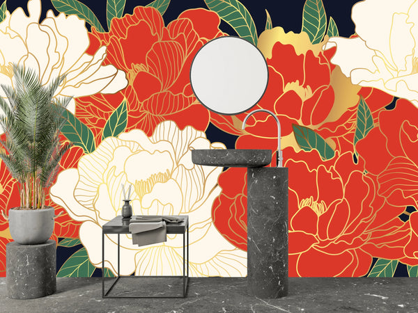 White and Red Peonies Wallpaper, Luxurious Gold Mural, Oversized Custom Size Wall Art, Non-Woven, Non-Adhesive, Modern Wall Paper, Removable
