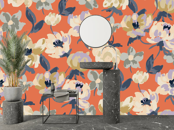 Abstract Floral, Orange Background Wallpaper, Seamless Pattern Mural, Oversized Custom Size Wall Art, Non-Woven, Non-Adhesive, Modern Wall Paper, Removable