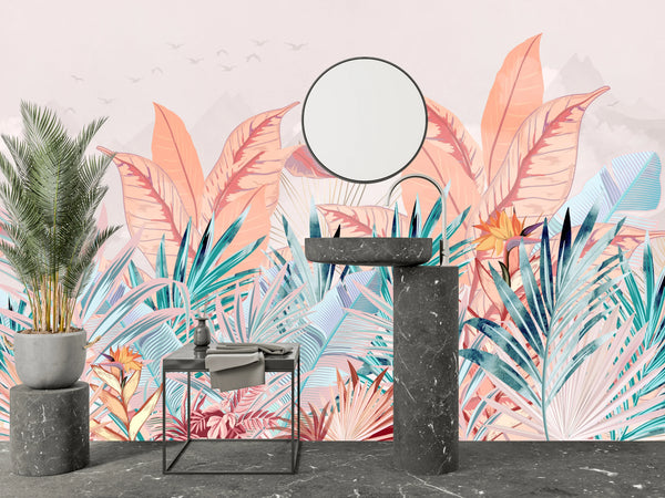 Tropical Forest Wallpaper, Pastel Colors Mural, Oversized Custom Size Wall Art, Non-Woven, Non-Adhesive, Modern Wall Paper, Removable