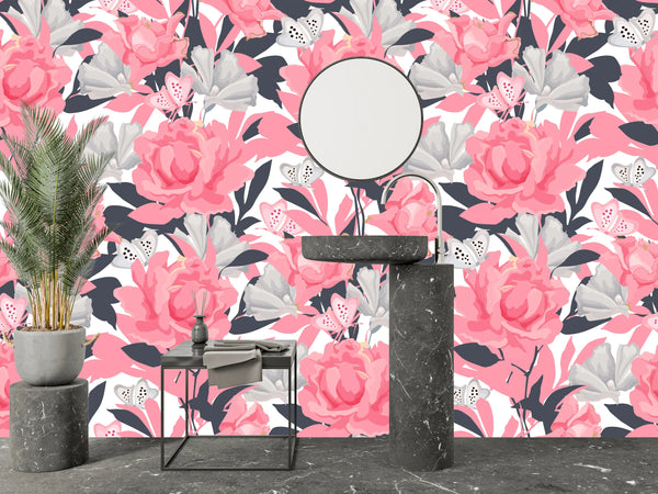 Pink Flowers Wallpaper, Seamless Pattern Mural, Oversized Custom Size Wall Art, Non-Woven, Non-Adhesive, Modern Wall Paper, Removable