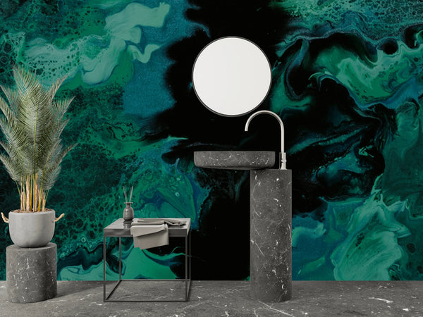Dark Green Marble Wallpaper, Black Abstract Mural, Oversized Custom Size Wall Art, Non-Woven, Non-Adhesive, Modern Wall Paper, Removable