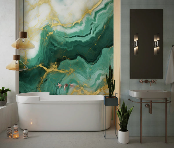 Emerald Green Marble Wallpaper, Gold Abstract Mural, Oversized Custom Size Wall Art, Non-Woven, Non-Adhesive, Modern Wall Paper, Removable