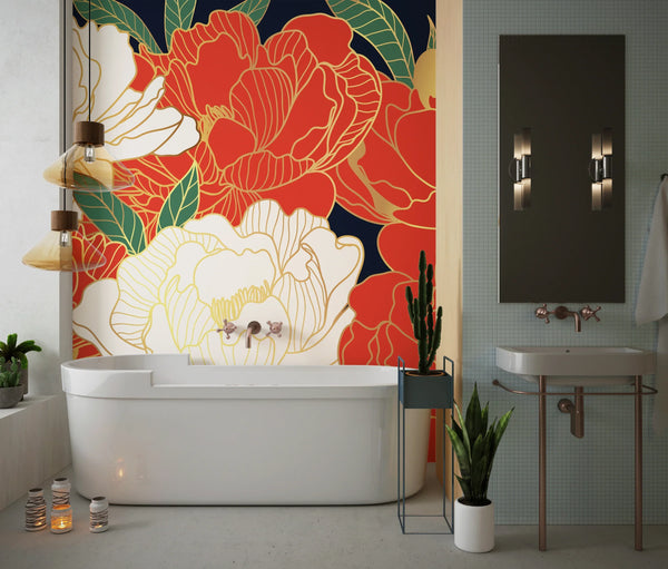 White and Red Peonies Wallpaper, Luxurious Gold Mural, Oversized Custom Size Wall Art, Non-Woven, Non-Adhesive, Modern Wall Paper, Removable