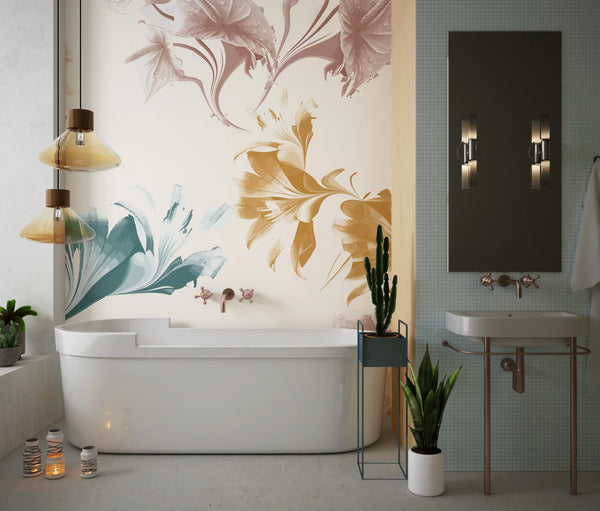 Watercolor Flower and Leaf Wallpaper, Seamless Pattern Mural, Oversized Custom Size Wall Art, Non-Woven, Non-Adhesive, Modern Wall Paper, Removable