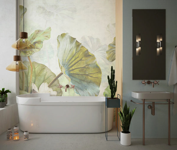 Lotus Leaves Wallpaper, Botanical Mural, Oversized Custom Size Wall Art, Non-Woven, Non-Adhesive, Modern Wall Paper, Removable