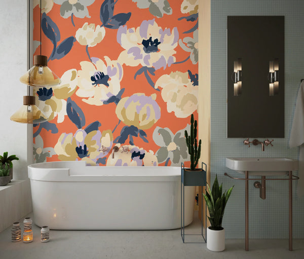 Abstract Floral, Orange Background Wallpaper, Seamless Pattern Mural, Oversized Custom Size Wall Art, Non-Woven, Non-Adhesive, Modern Wall Paper, Removable