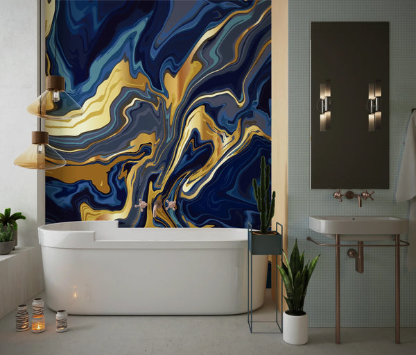 Luxury Blue Marble Wallpaper, Gold Abstract Mural, Oversized Custom Size Wall Art, Non-Woven, Non-Adhesive, Modern Wall Paper, Removable