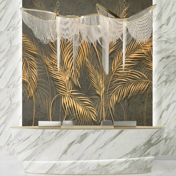 Gold Palm Leaves Wallpaper, Tropical Mural, Oversized Custom Size Wall Art, Non-Woven, Non-Adhesive, Modern Wall Paper, Removable