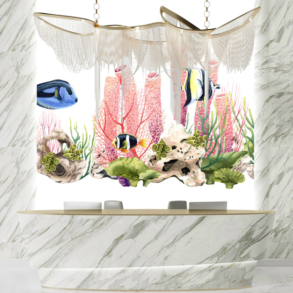 Fishes and Corals Wallpaper, White Background Mural, Oversized Custom Size Wall Art, Non-Woven, Non-Adhesive, Modern Wall Paper, Removable