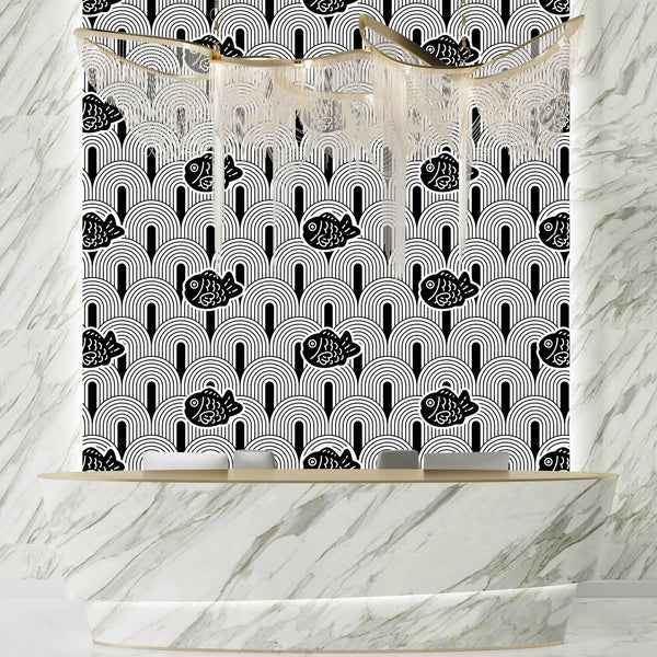 Japan Wave Wallpaper, Seamless Pattern Mural, Oversized Custom Size Wall Art, Non-Woven, Non-Adhesive, Modern Wall Paper, Removable