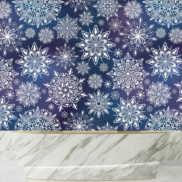 Snowflakes, Dark Blue and Purple Background Wallpaper, Seamless Pattern Mural, Oversized Custom Size Wall Art, Non-Woven, Non-Adhesive, Modern Wall Paper, Removable