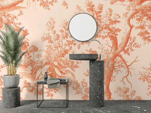 Toile de Jouy Wallpaper, Peach Fuzz Background Pattern Mural, Oversized Custom Size Wall Art, Non-Woven, Non-Adhesive, Modern Wall Paper, Removable