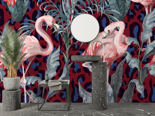 Pink Flamingo Wallpaper, Seamless Pattern Mural, Oversized Custom Size Wall Art, Non-Woven, Non-Adhesive, Modern Wall Paper, Removable