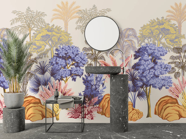 Tropical Vintage Landscape Wallpaper, Trees Wall Mural, Oversized Custom Size Wall Art, Non-Woven, Non-Adhesive, Modern Wall Paper, Removable